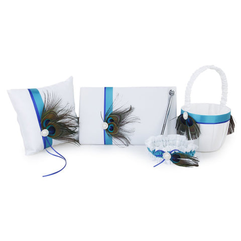 Delicate Peacock Feather Decor Wedding Guest Book+Pen+Ring Pillow+Flower Basket+Garter Set for Wedding Ceremony Party