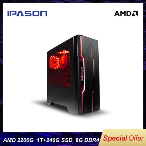 IPASON CHEAP Gaming PC Quad-Core AMD Ryzen3 2200G/DDR4 8G RAM/120G SSD/1T+240G  SSD Desktop Gaming Computers