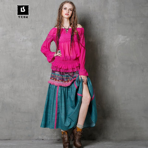 Brand WOMEN'S Dress 2019 Autumn Clothing Book Printed Big Skirt Ethnic-Style Tassel Lace Long Skirts Skirt X2108