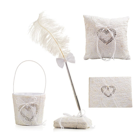 Wedding Ceremony Party Set Wedding Ring Pillow Flower Girls Basket Guest Book Feather Pen Set Bridal Decoration Supplies